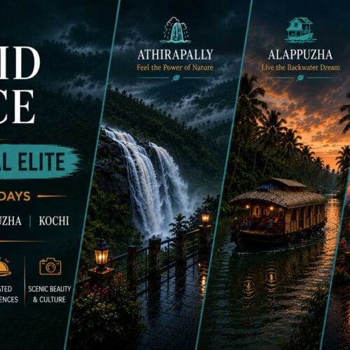 Boutique kerala holiday package featuring a wide aerial view of the majestic Athirapally waterfalls surrounded by dense green forest canopy