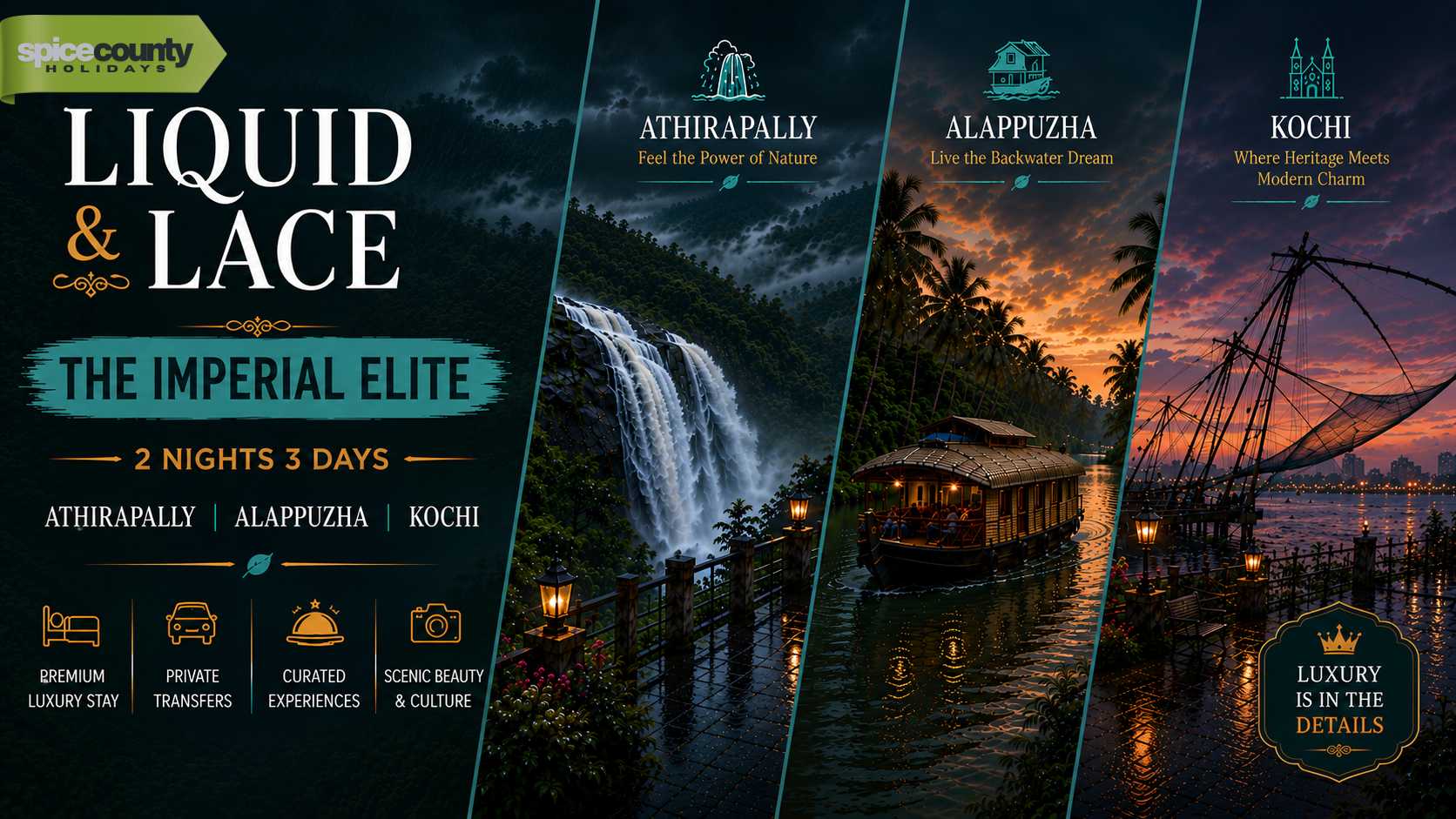 Boutique kerala holiday package featuring a wide aerial view of the majestic Athirapally waterfalls surrounded by dense green forest canopy